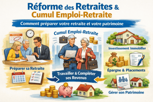 Illustration de la réforme des retraites et du cumul emploi-retraite montrant la préparation de la retraite, la génération de revenus complémentaires, l’investissement immobilier et la gestion de patrimoine sur le long terme
